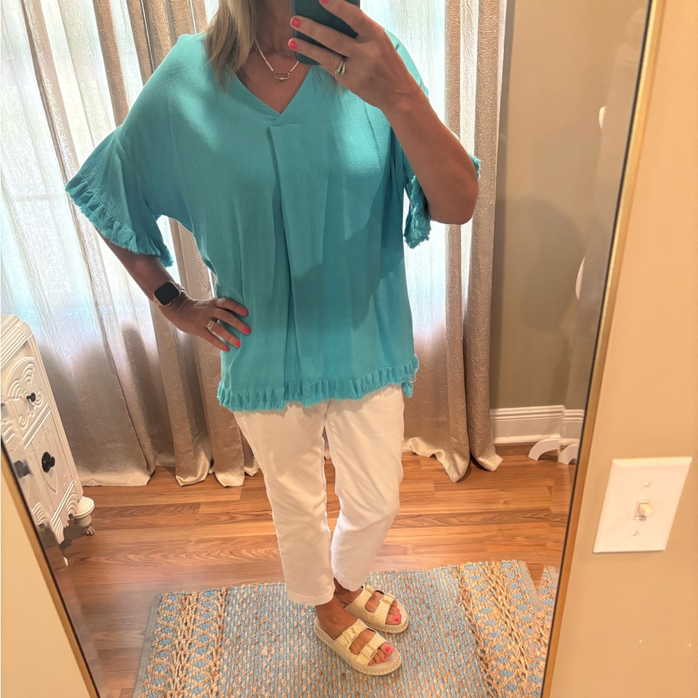 Umgee Blue V-Neck Ruffle Hem Tunic